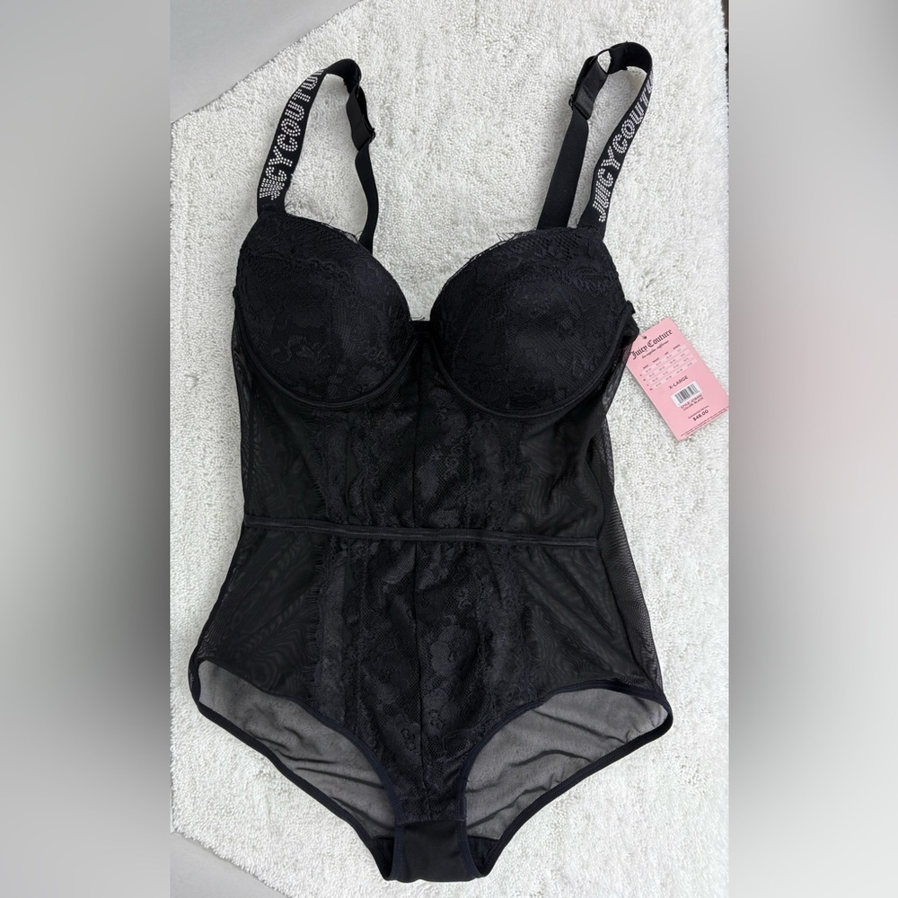 NEW Juicy Couture Black Lace and Mesh Bodysuit-Size:XL-Style: JC1643C